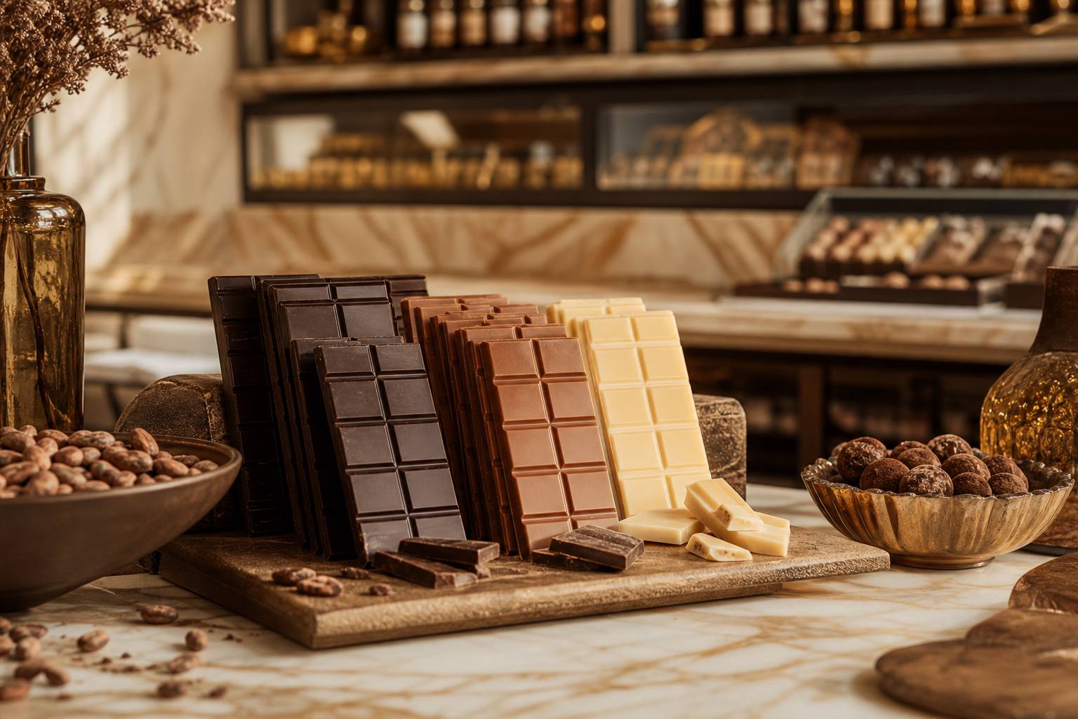 Tablettes de chocolat pâtissier alignées sur comptoir bois, comparaison des marques