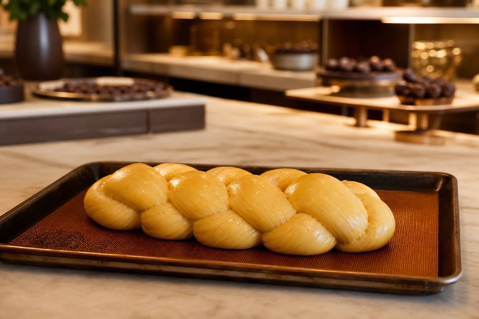Pâte à brioche en levage dans bol, plan de travail fariné, pétrissage maison