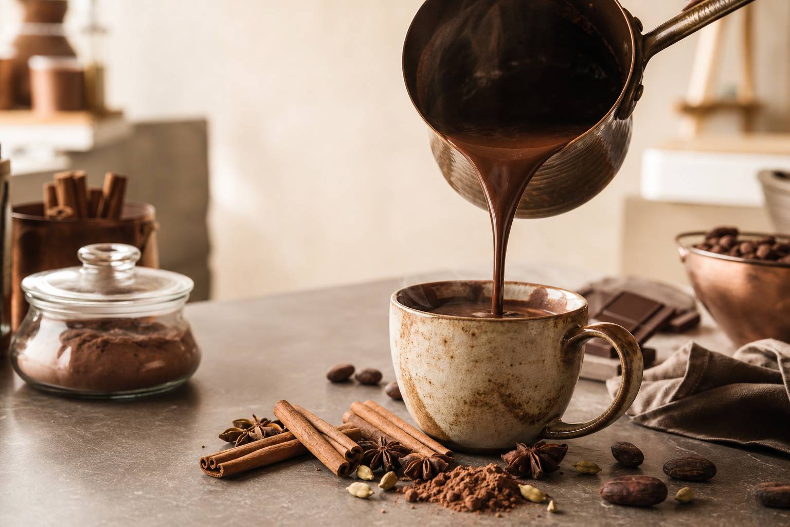 Tasse de chocolat chaud fumant avec copeaux et marshmallows, préparation maison