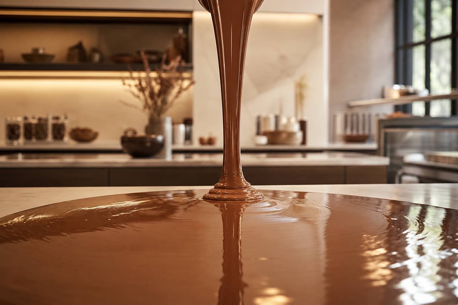 Chocolat en train de tempérer sur marbre, couteau de chocolatier, texture brillante