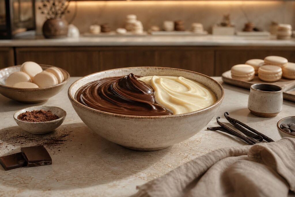 Ganache pour macarons dans un bol, texture lisse et brillante