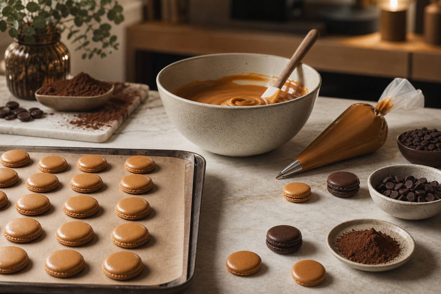 Macarons ratés aux coques fissurées et macarons réussis sur plaque