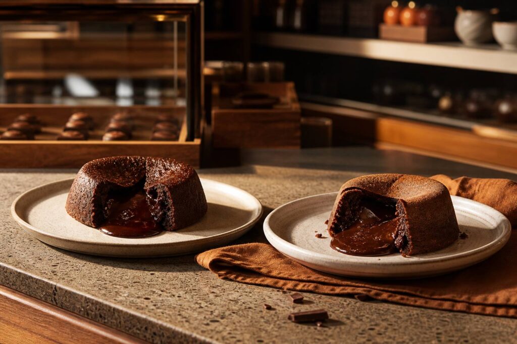 Mi-cuit et fondant au chocolat côte à côte, différence de texture visible