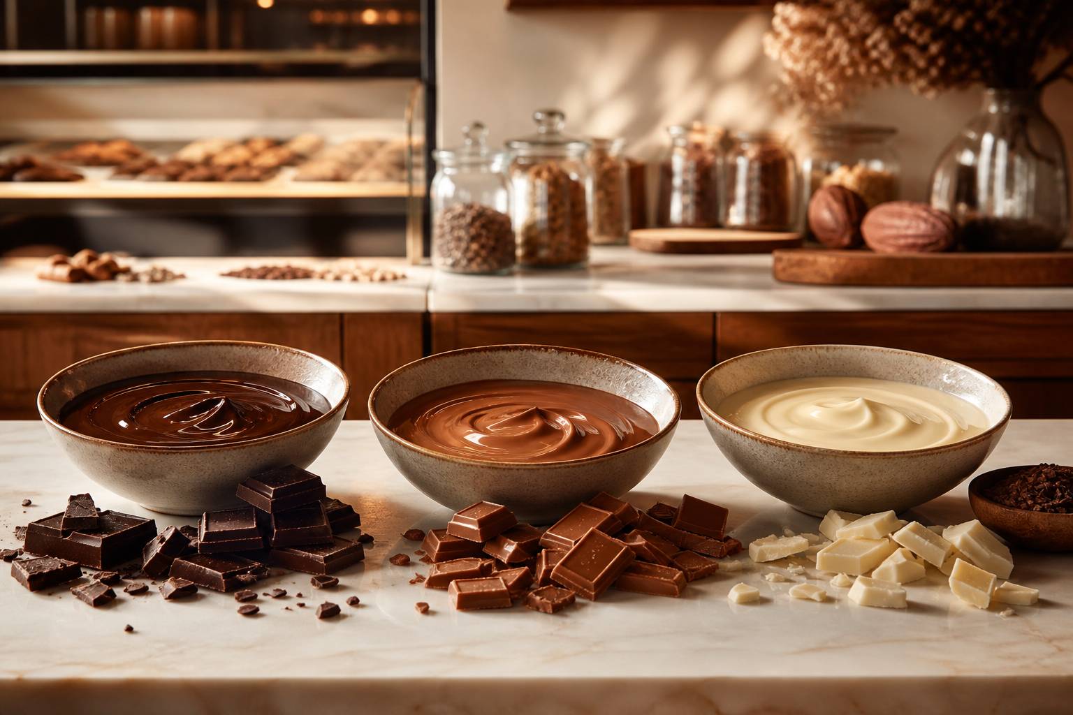 Morceaux de chocolat noir lait blanc sur planche bois, comparaison pour pâtisserie