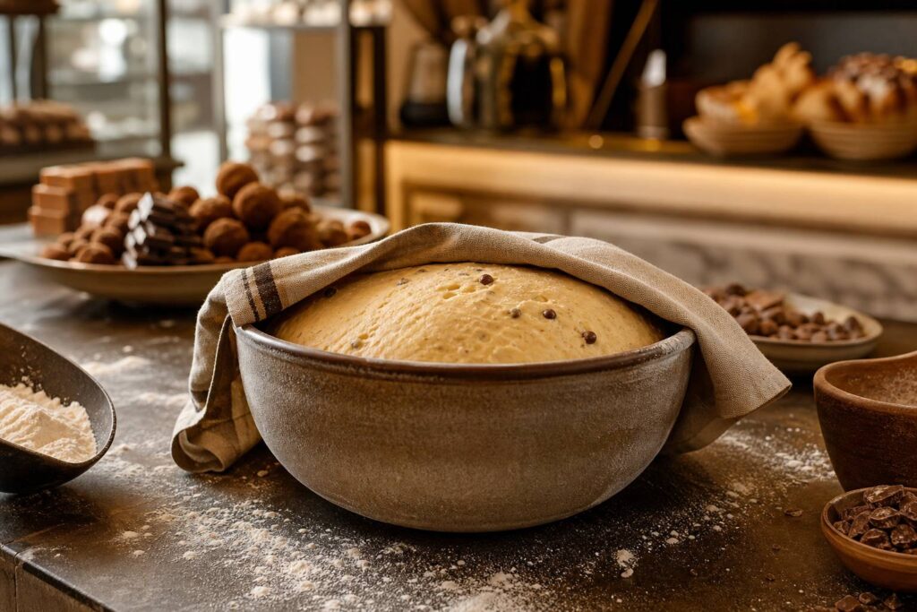 Pâte à brioche en levage dans bol, plan de travail fariné, pétrissage maison