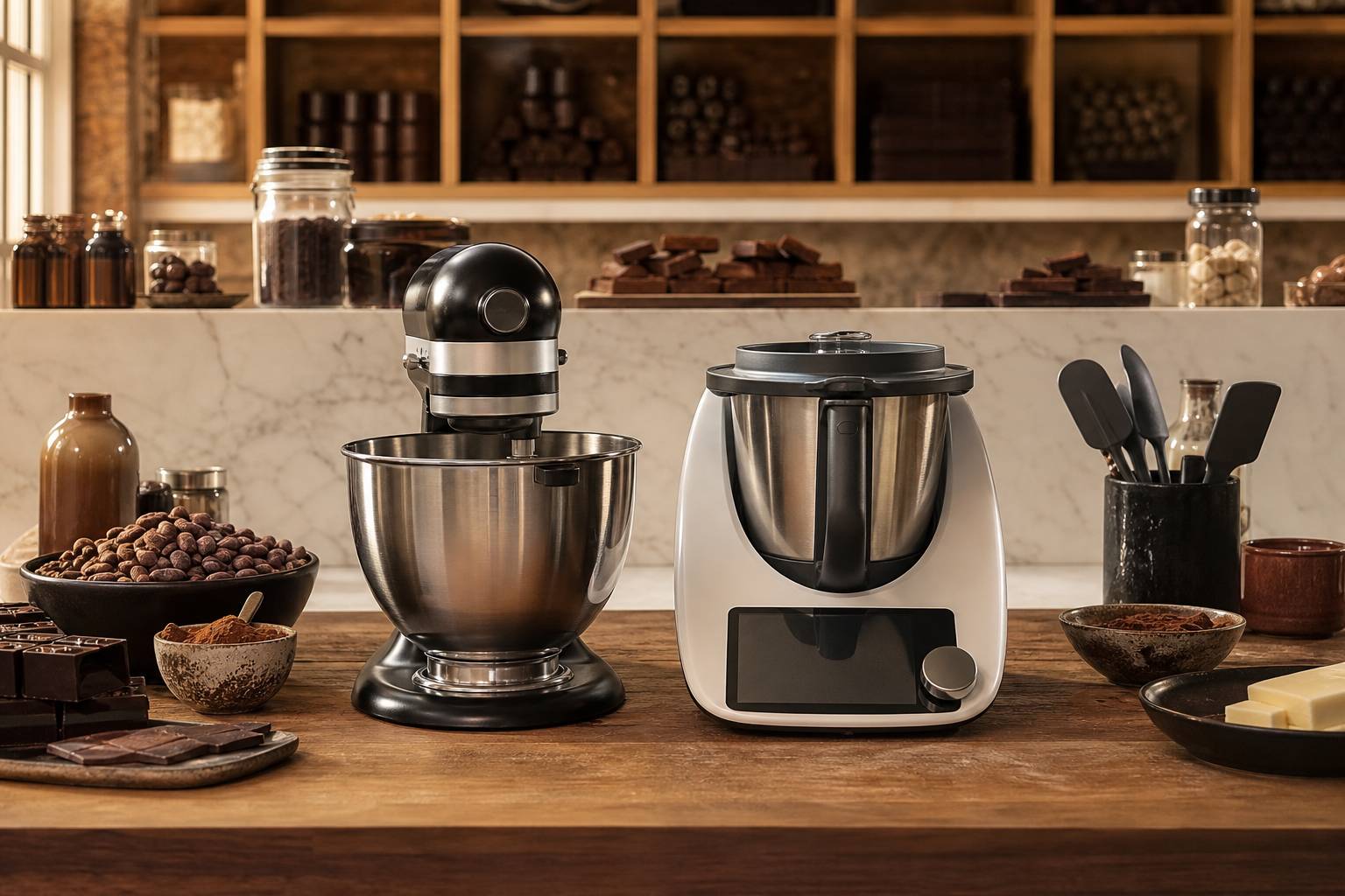 Robot pâtissier et Thermomix comparés sur plan de travail culinaire