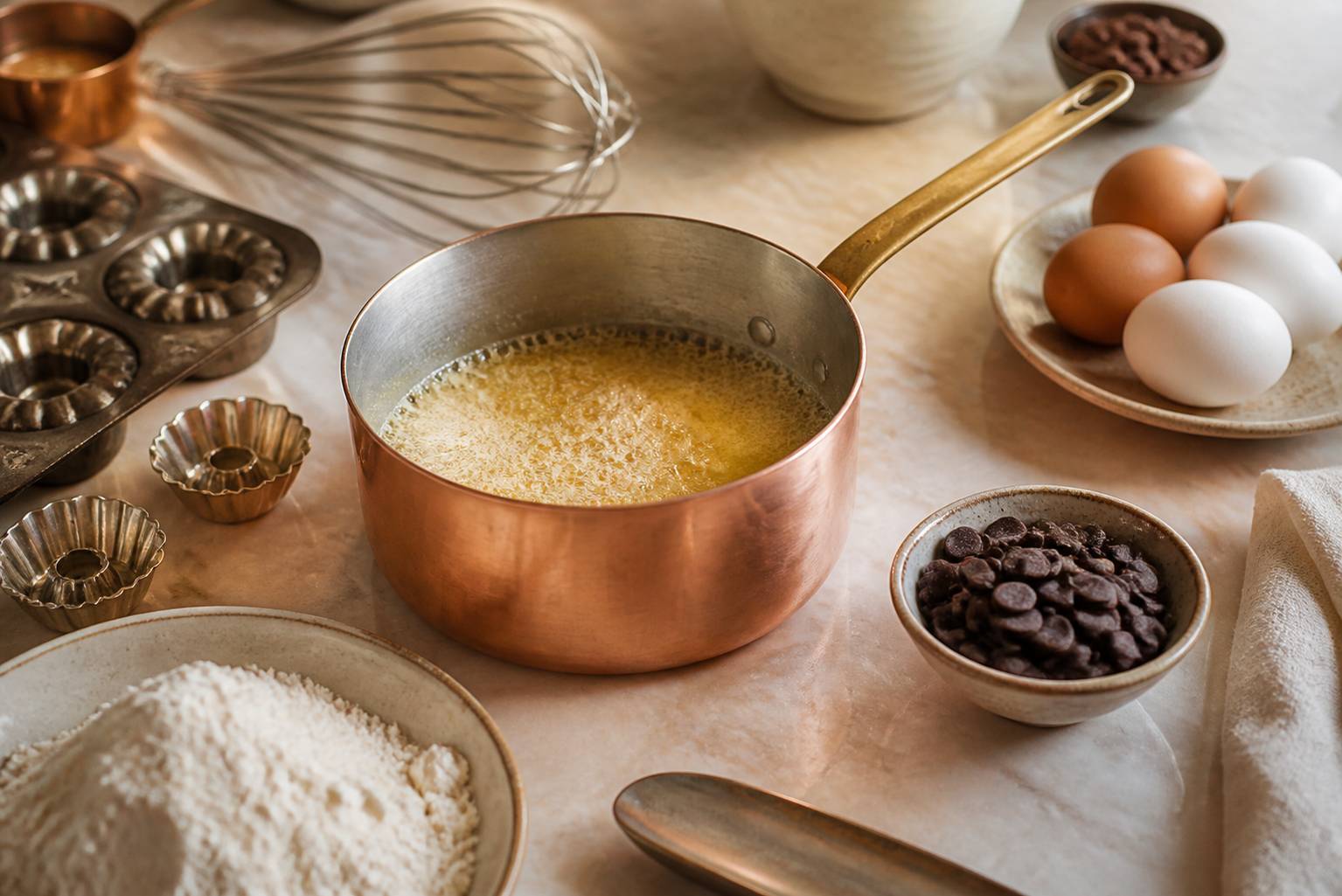 Beurre noisette dans une casserole avec ingrédients de financier