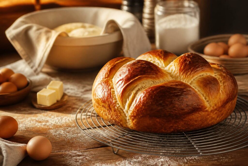 Brioche dorée sur une grille avec œufs et beurre
