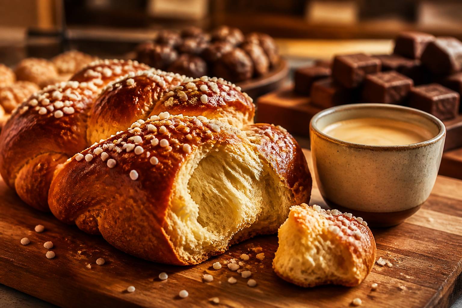 Brioche tressée à la mie filante avec une tasse de café
