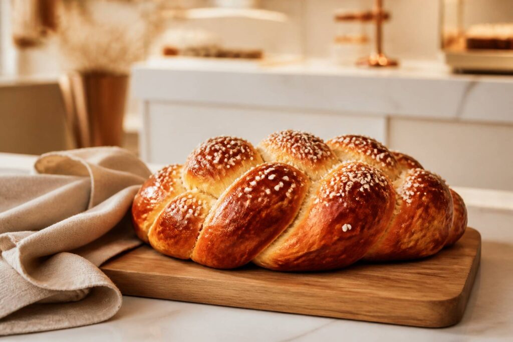 Brioche tressée dorée et brillante posée sur une planche en bois avec un torchon