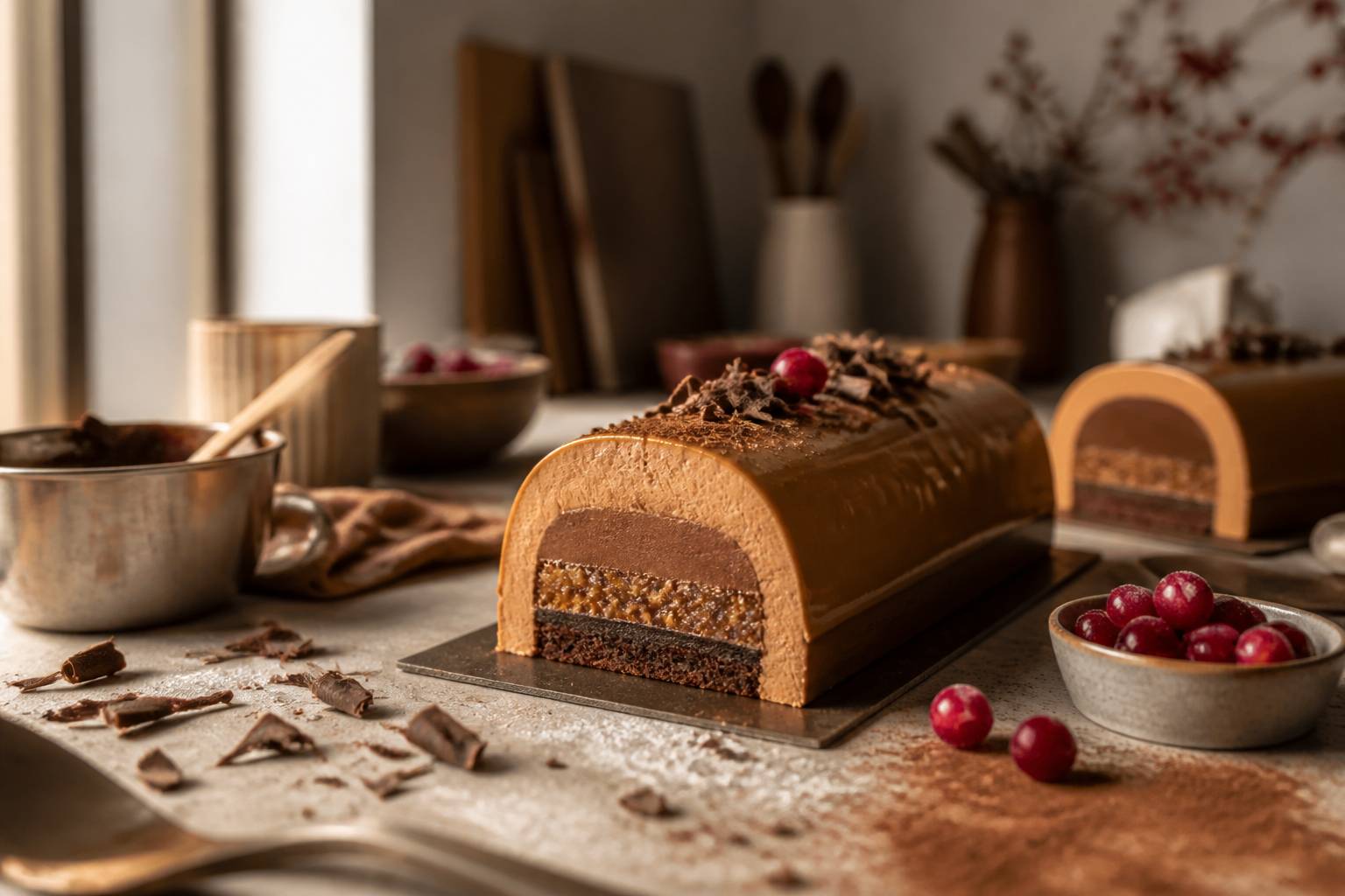 Bûche de Noël entremets en montage avec couches de biscuit et mousse