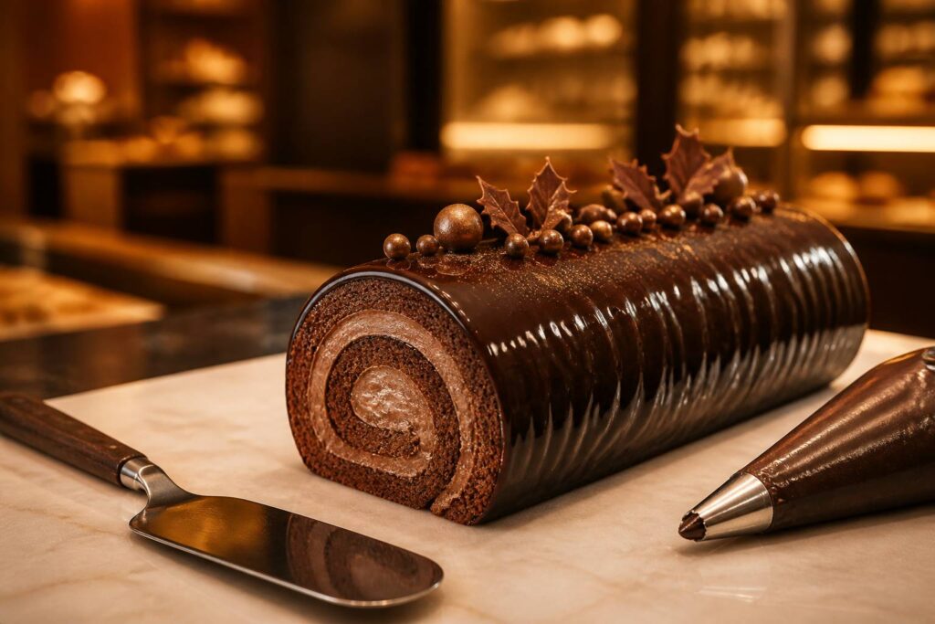 Bûche de Noël roulée au chocolat au glaçage brillant sur un comptoir