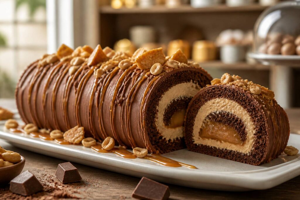 Bûche aux cacahuètes et caramel avec coupe nette sur un plat