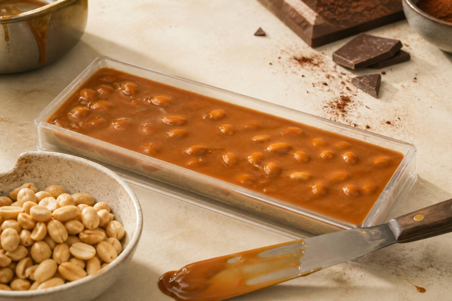 Insert caramel aux cacahuètes en cours de moulage avec spatule