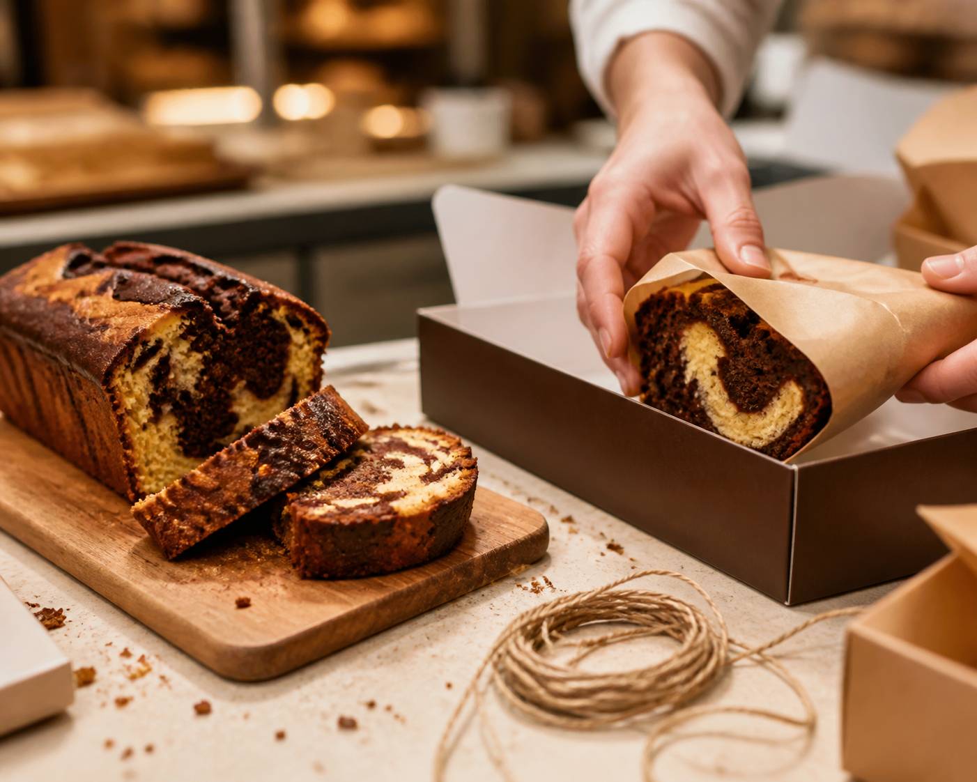 Main enveloppant une tranche de cake marbré dans du papier kraft pour le transport