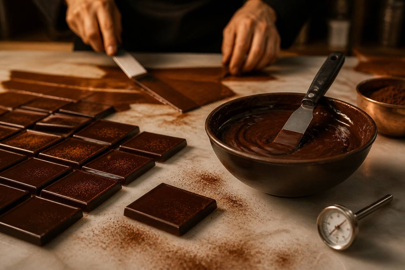 Carrés de chocolat de couverture et bol de ganache en préparation artisanale
