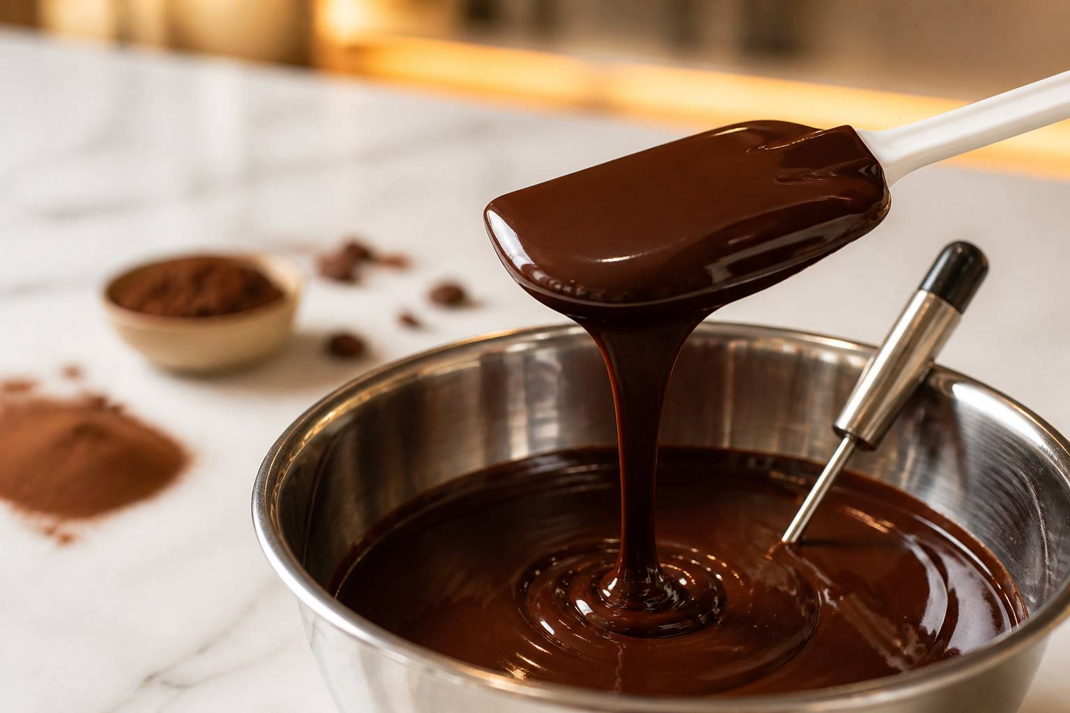 Spatule soulevant un ruban de chocolat noir fondu et brillant