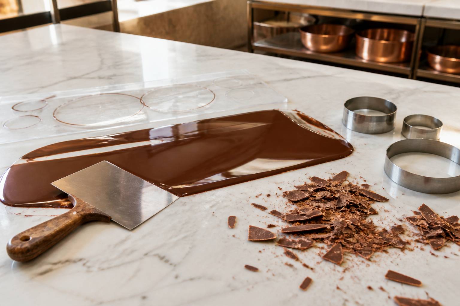 Chocolat tempéré étalé sur marbre avec corne et cercles de pâtisserie