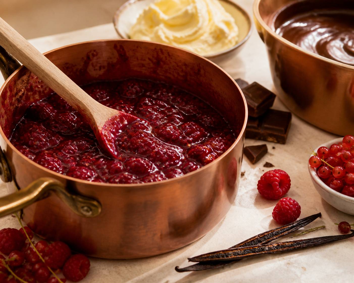Compotée de fruits rouges en cuisson avec gousse de vanille