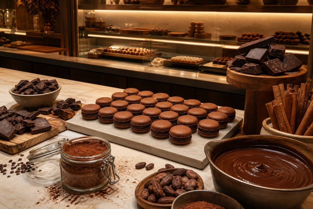 Comptoir de chocolaterie artisanale avec macarons au chocolat alignés, pot de cacao en poudre et bol de ganache