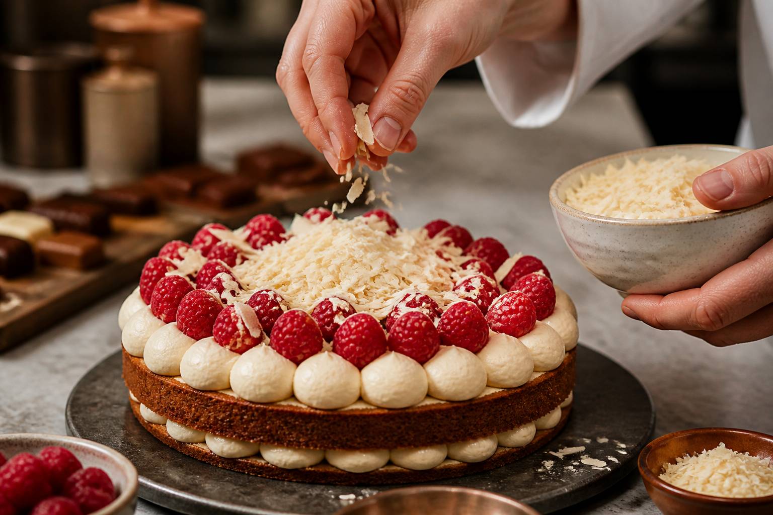 Mains de pâtissier parsemant des copeaux de chocolat blanc sur un gâteau aux framboises
