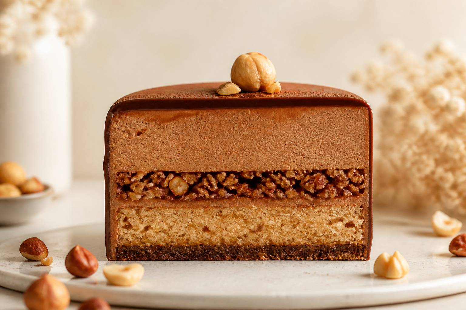 Part d'entremets praliné montrant les couches de dacquoise et de mousse