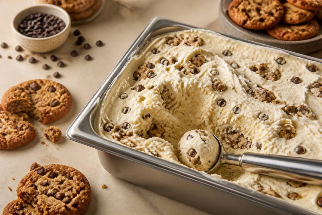 Bac de crème glacée vanille avec morceaux de pâte à cookies