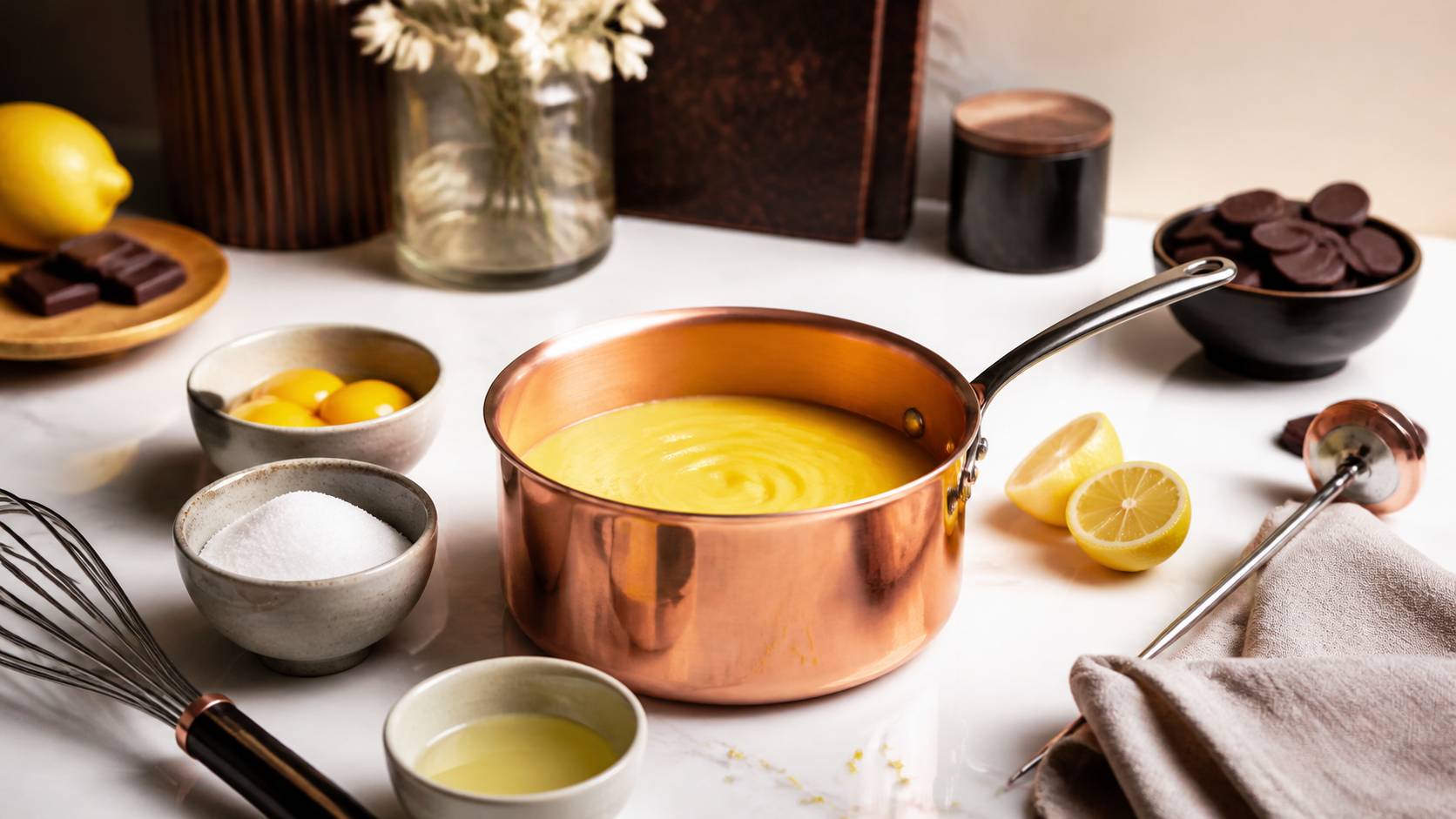 Préparation du crémeux au citron dans une casserole en cuivre avec jaunes d'œufs