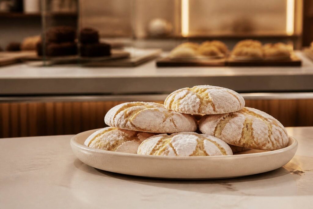 Cookies crinkles au citron craquelés et saupoudrés de sucre glace sur une assiette