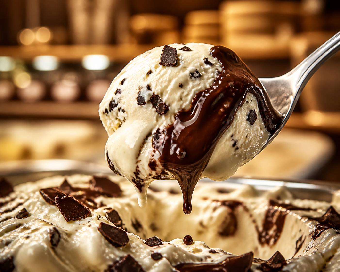 Cuillère de glace stracciatella avec éclats de chocolat et vanille