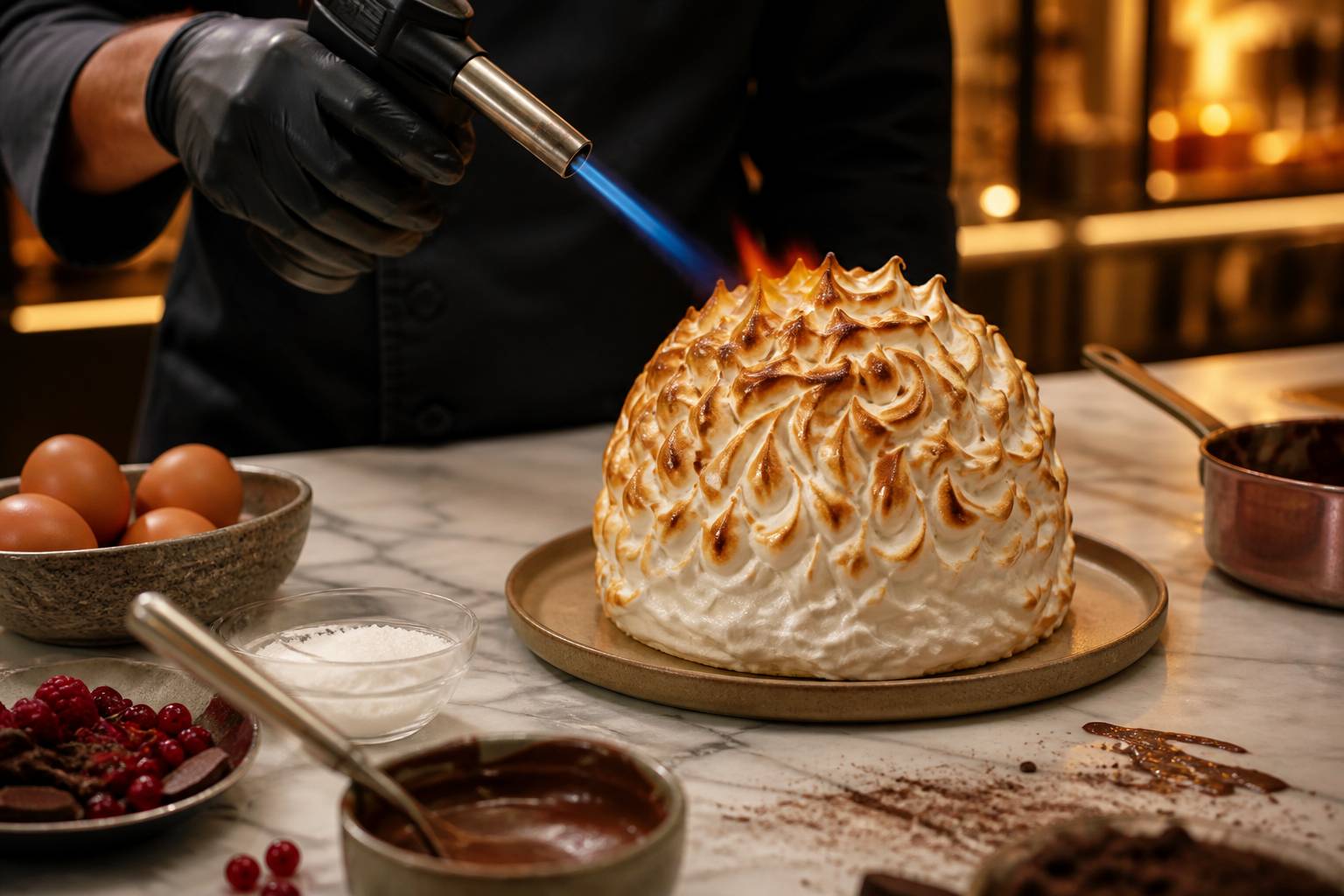 Pâtissier dorant la meringue d'une Bombe Alaska au chalumeau sur un plan de travail
