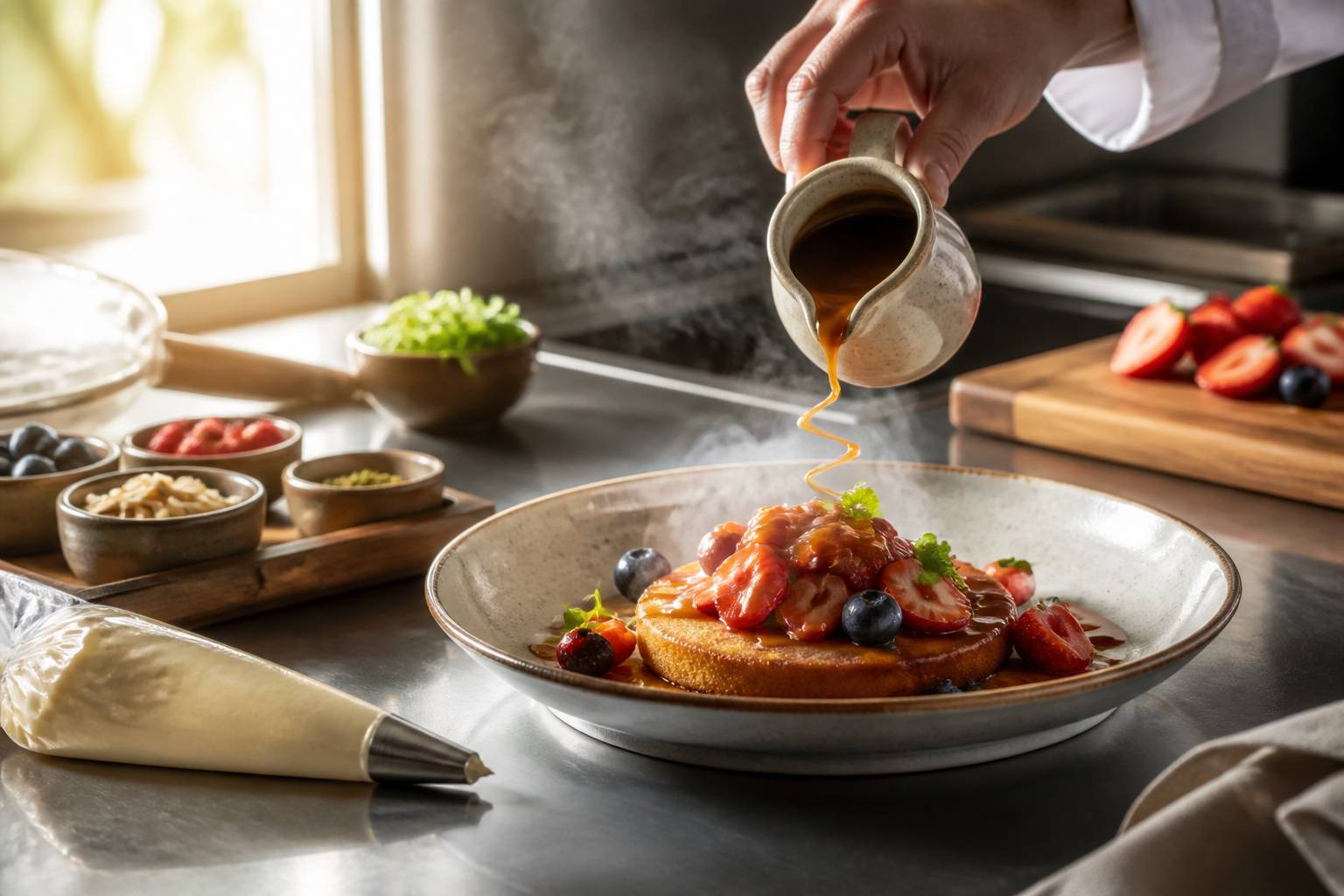 Main de pâtissier versant une sauce caramélisée sur un dessert dressé