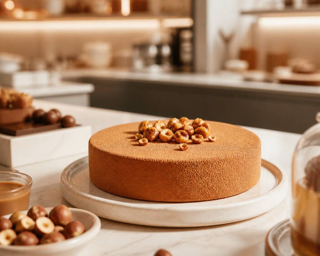 Entremets au praliné avec glaçage velours et éclats de noisettes
