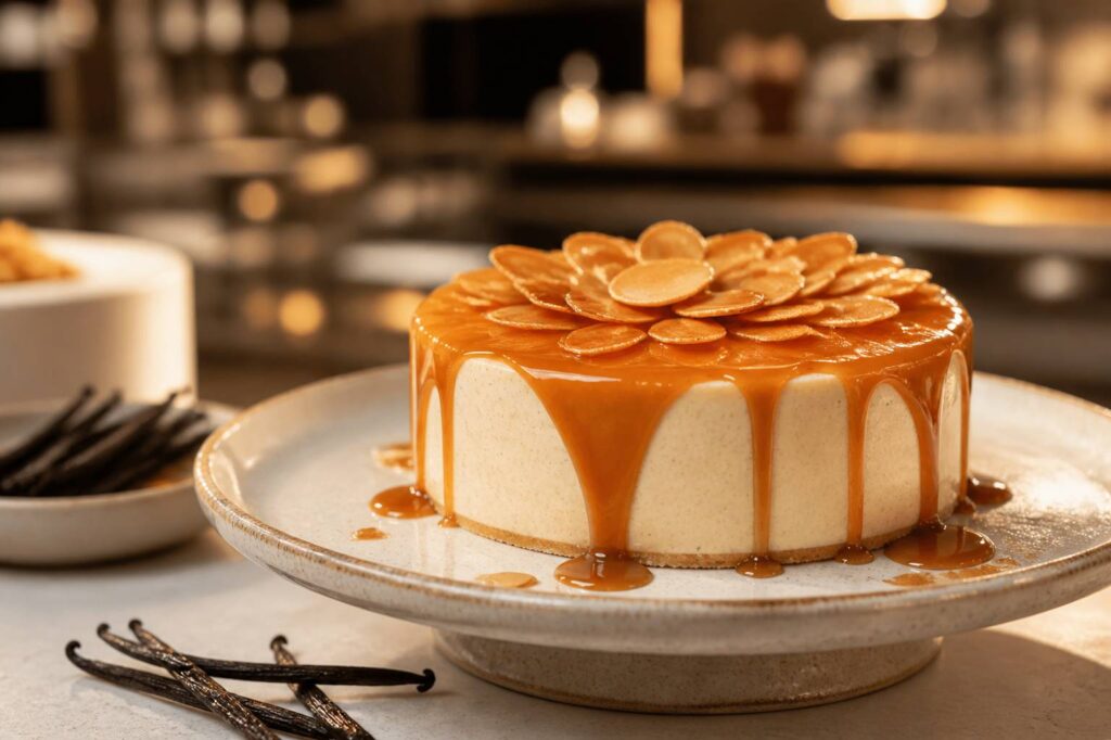 Entremets vanille et amandes sur présentoir avec caramel cuivré