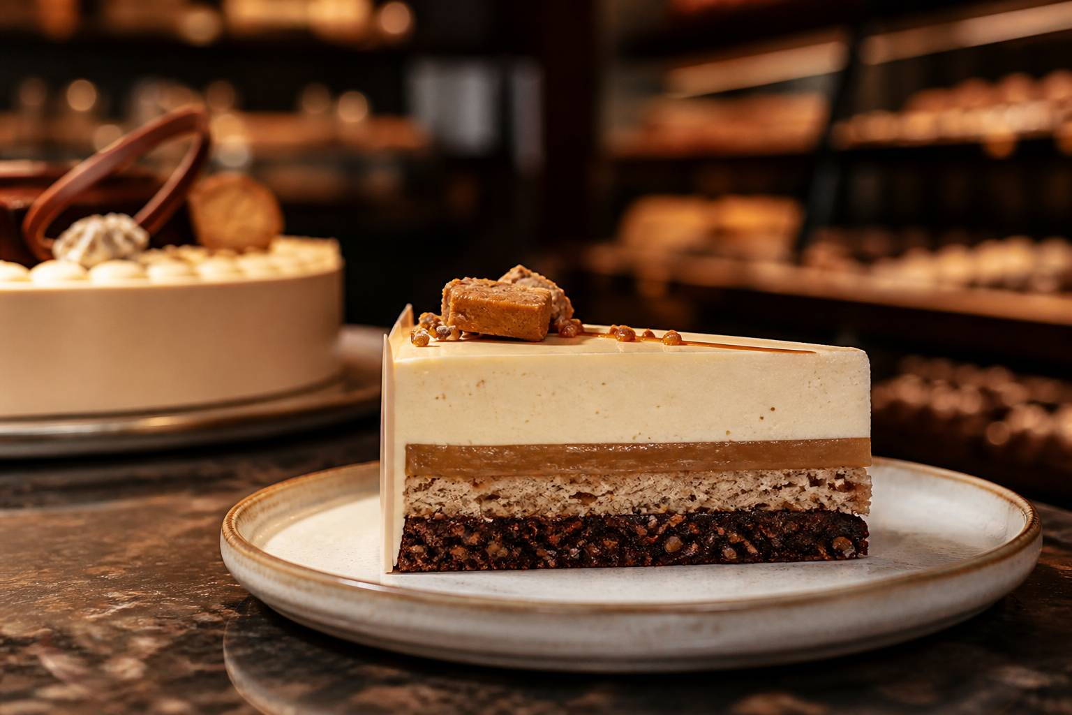 Part d'entremets vanille spéculoos montrant ses couches successives