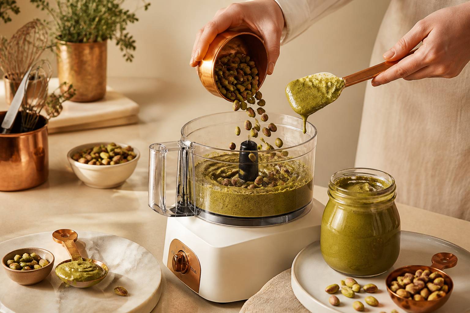 Mains versant des pistaches dans un mixeur avec un pot de pâte verte
