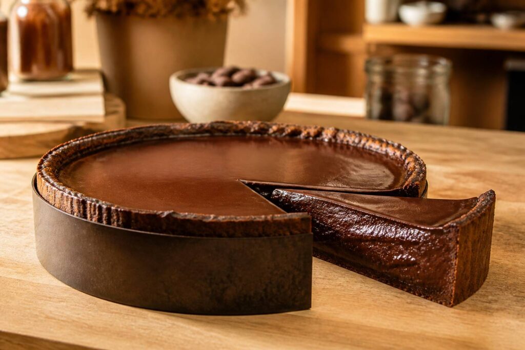 Flan pâtissier au chocolat avec cœur fondant et surface brillante