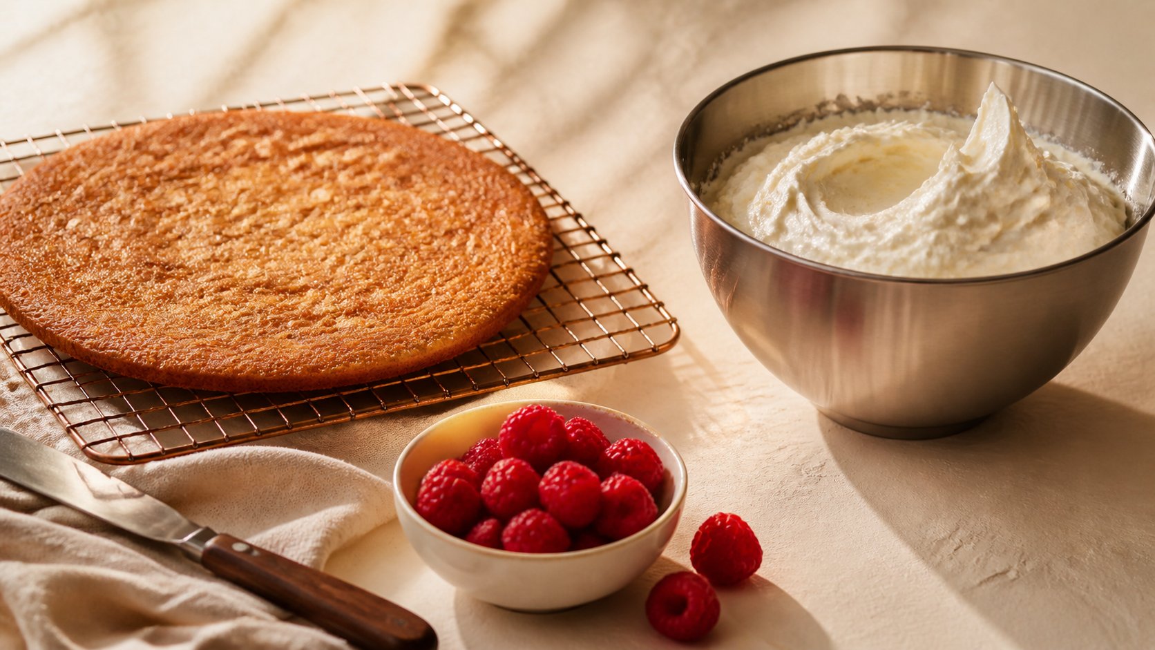 Framboises fraîches, biscuit amande et mousse dans une coupelle en préparation