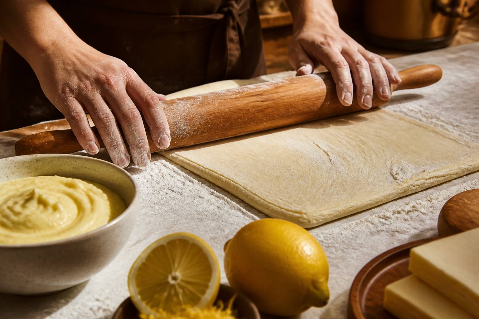 Mains étalant une pâte feuilletée avec un bol de frangipane citronnée