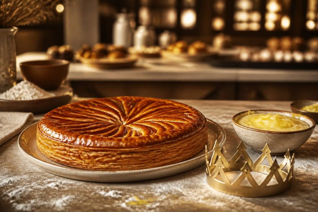Galette des rois dorée avec couronne et crème frangipane citronnée