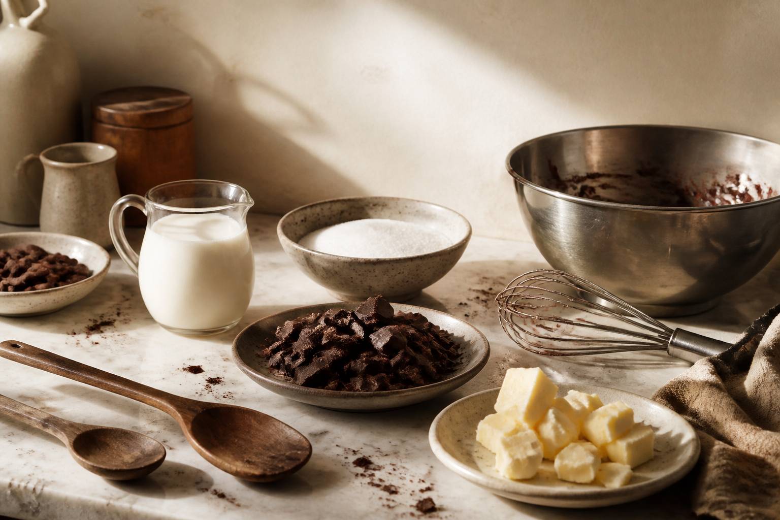 Plan de pâtisserie avec crème, sucre, beurre salé et fouet