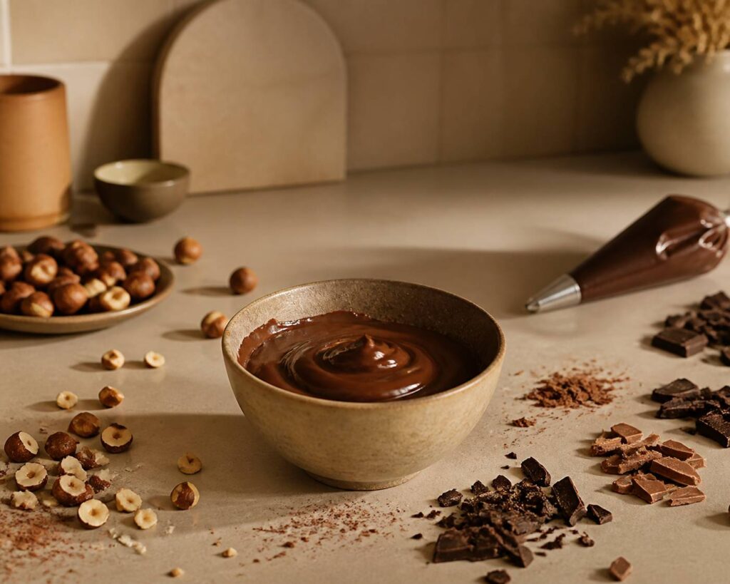 Bol de ganache au chocolat et noisettes brillante et onctueuse avec des noisettes concassées