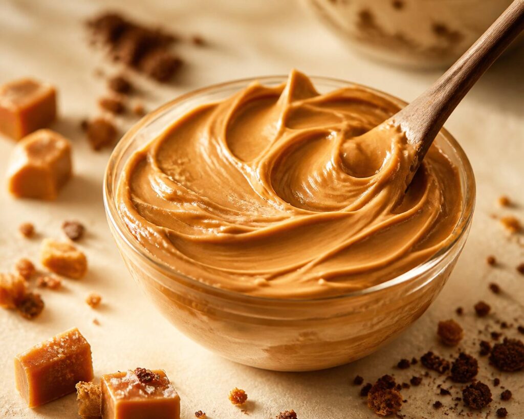 Bol de ganache montée au caramel avec éclats de caramel au beurre salé