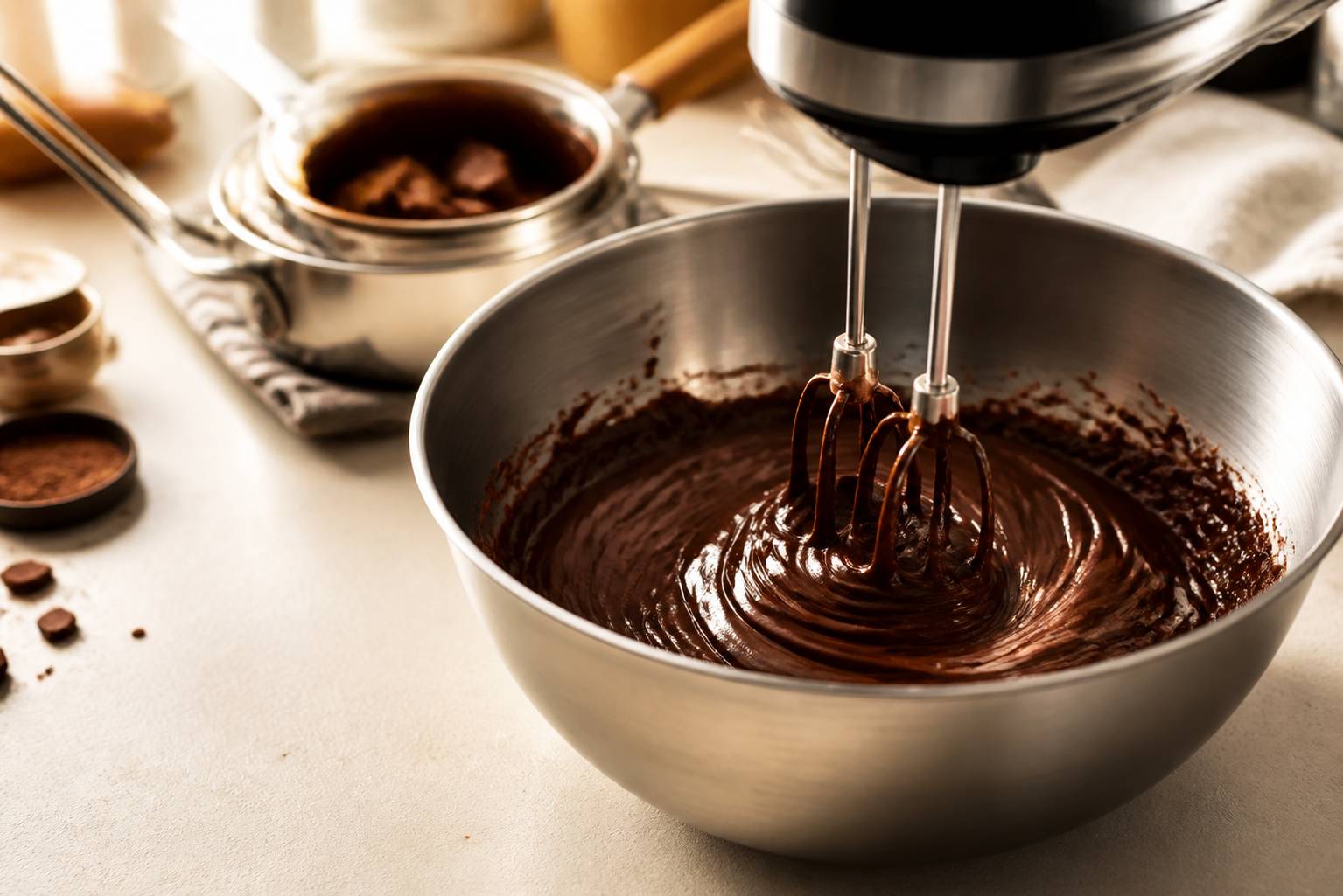 Ganache montée au fouet dans un bol avec des morceaux de chocolat fondant