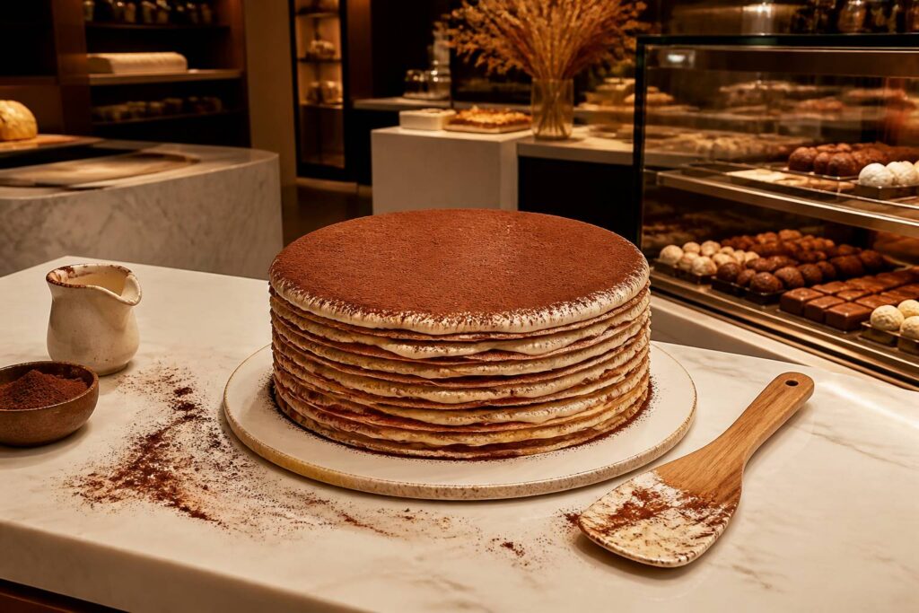 Gâteau de crêpes façon tiramisu saupoudré de cacao sur un plat