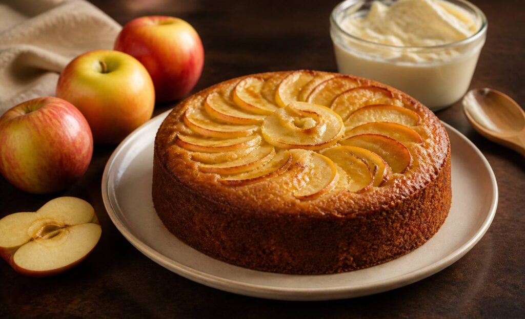 Gâteau moelleux aux pommes avec rosace dorée sur le dessus