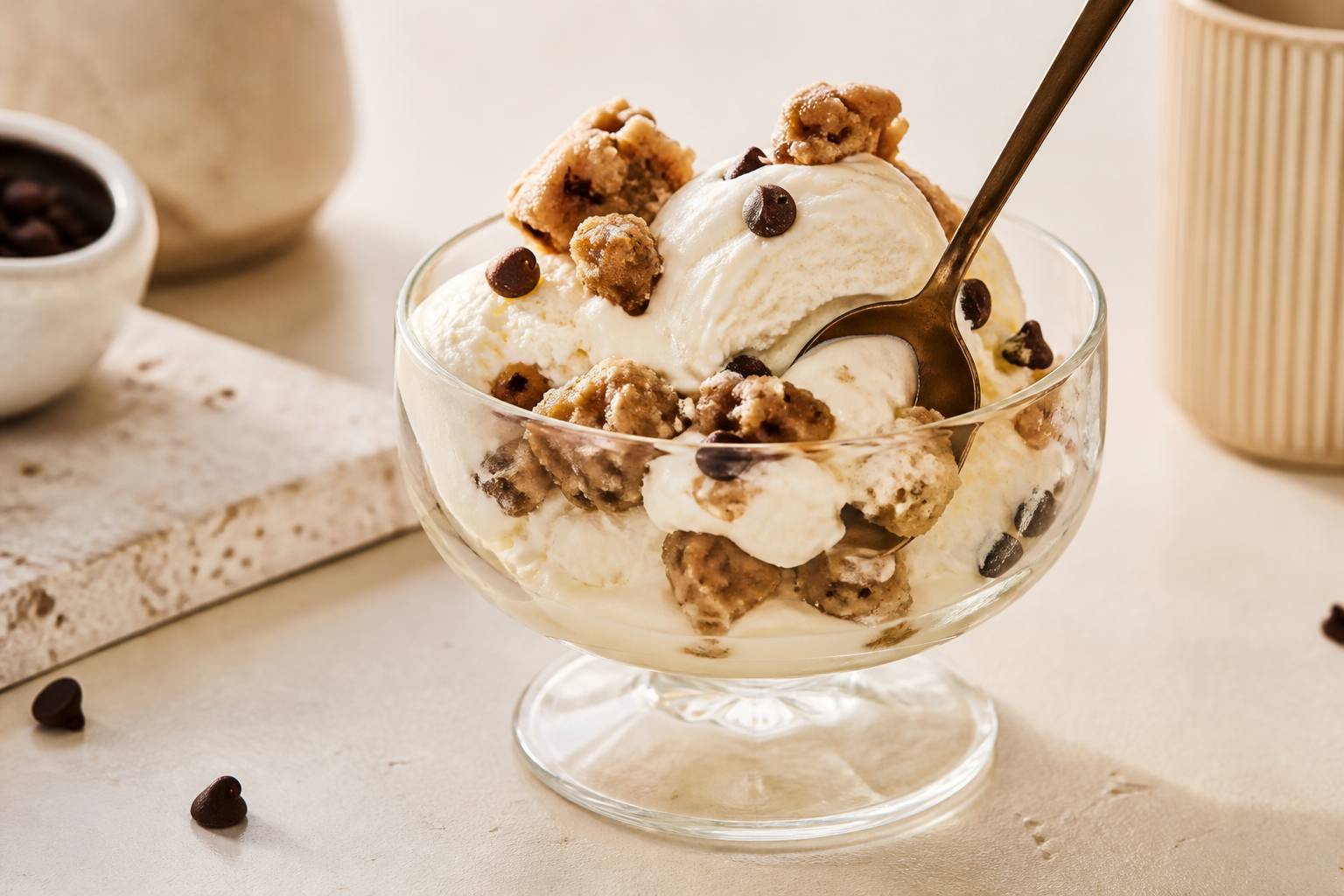 Boules de glace cookie dough avec pépites de chocolat en coupe