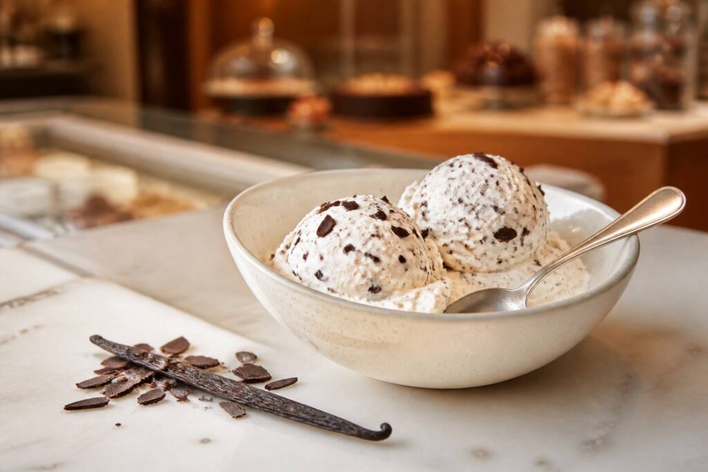 Bol de glace stracciatella aux éclats de chocolat noir