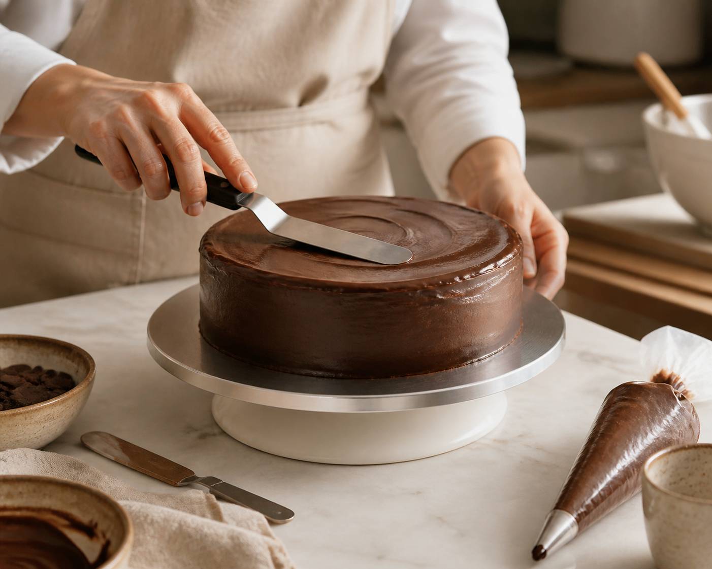 Mains lissant une ganache au chocolat sur un gâteau avec une spatule