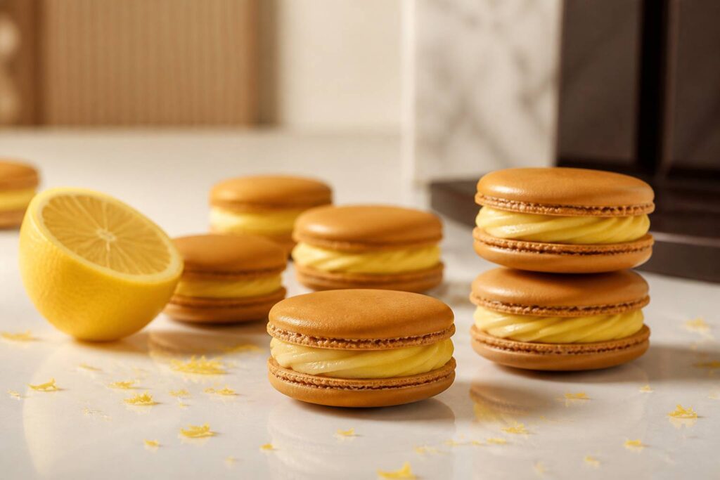 Macarons au citron au crémeux jaune pâle sur un comptoir de pâtisserie